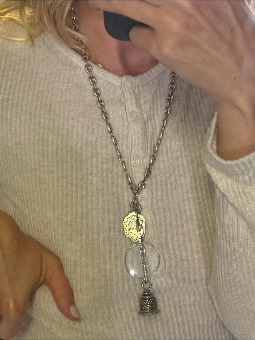 Sterling Silver Puffed Mariner Chain Necklace with Victorian-Style Fob Charms - Picture 7 of 8